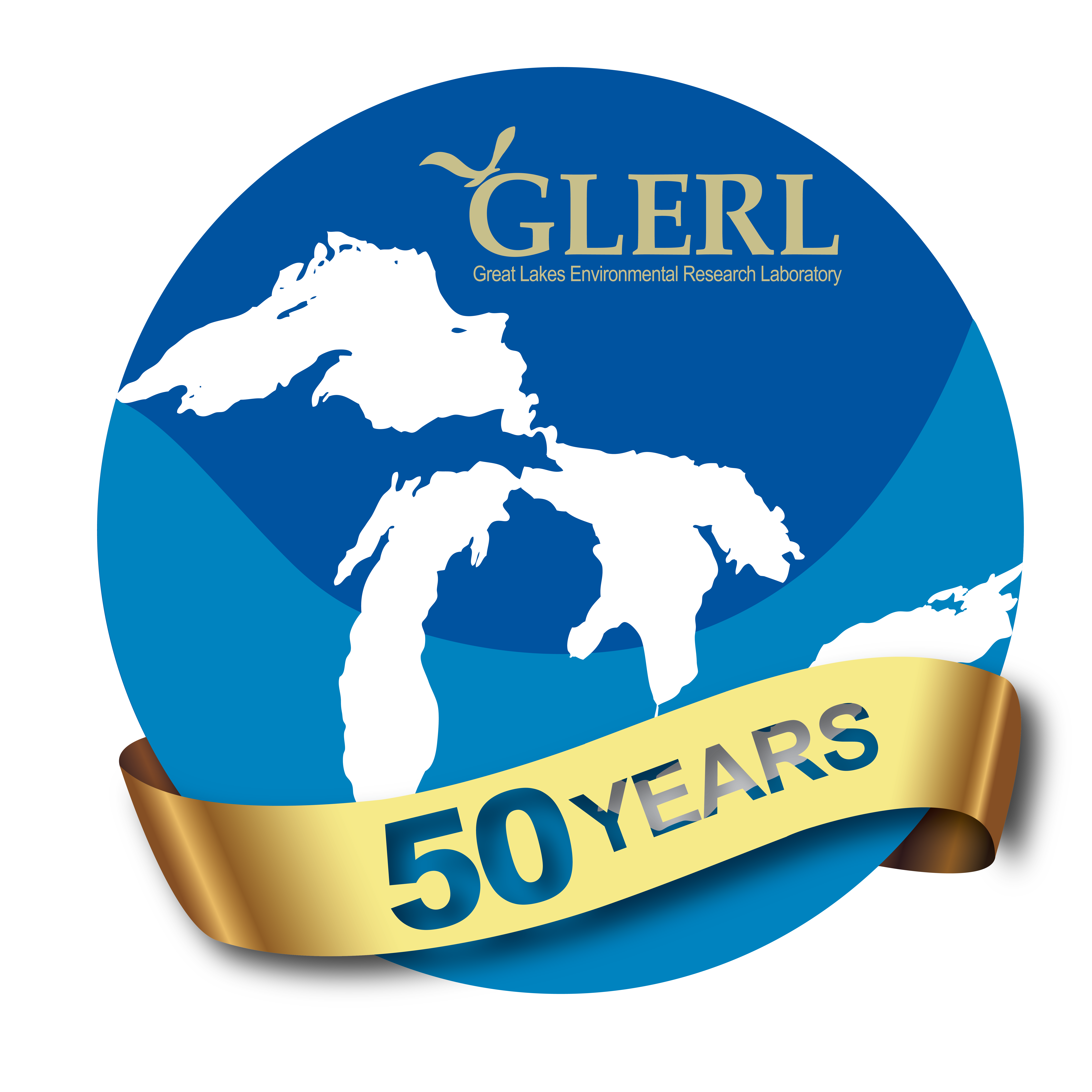 round blue emblem with outline of the great lakes and the words 50 years on a gold banner